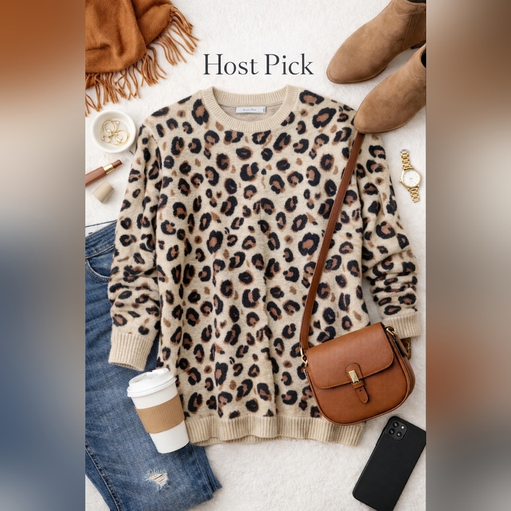 Harper Lane Leopard Print Wool Cashmere Sweater Small Animal Print Crewneck